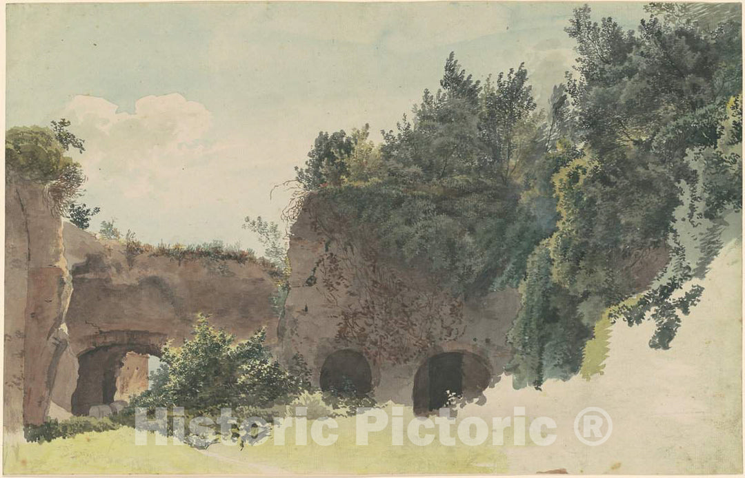 Art Print : Johann Gottfried Klinsky, Ancient Roman Ruins Overgrown with Trees and Bushes, c.1794 - Vintage Wall Art