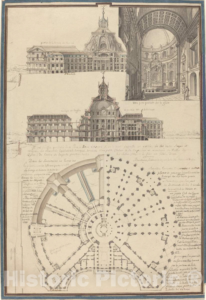 Art Print : Pierre Varin, Plan and Three Views of a Circular Church, c. 1750 - Vintage Wall Art