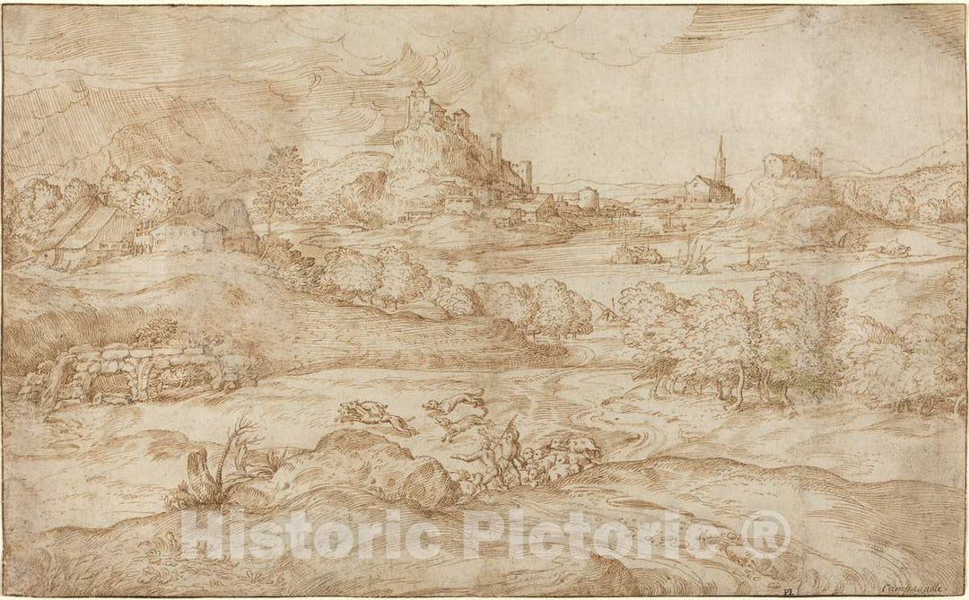 Art Print : Domenico Campagnola, Landscape with Shepherds Driving Away a Wolf, c. 1540 - Vintage Wall Art