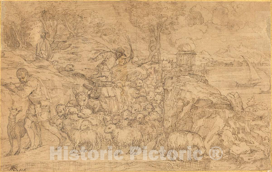 Art Print : Domenico Campagnola, Shepherd Playing a Flute and Leading His Flock - Vintage Wall Art