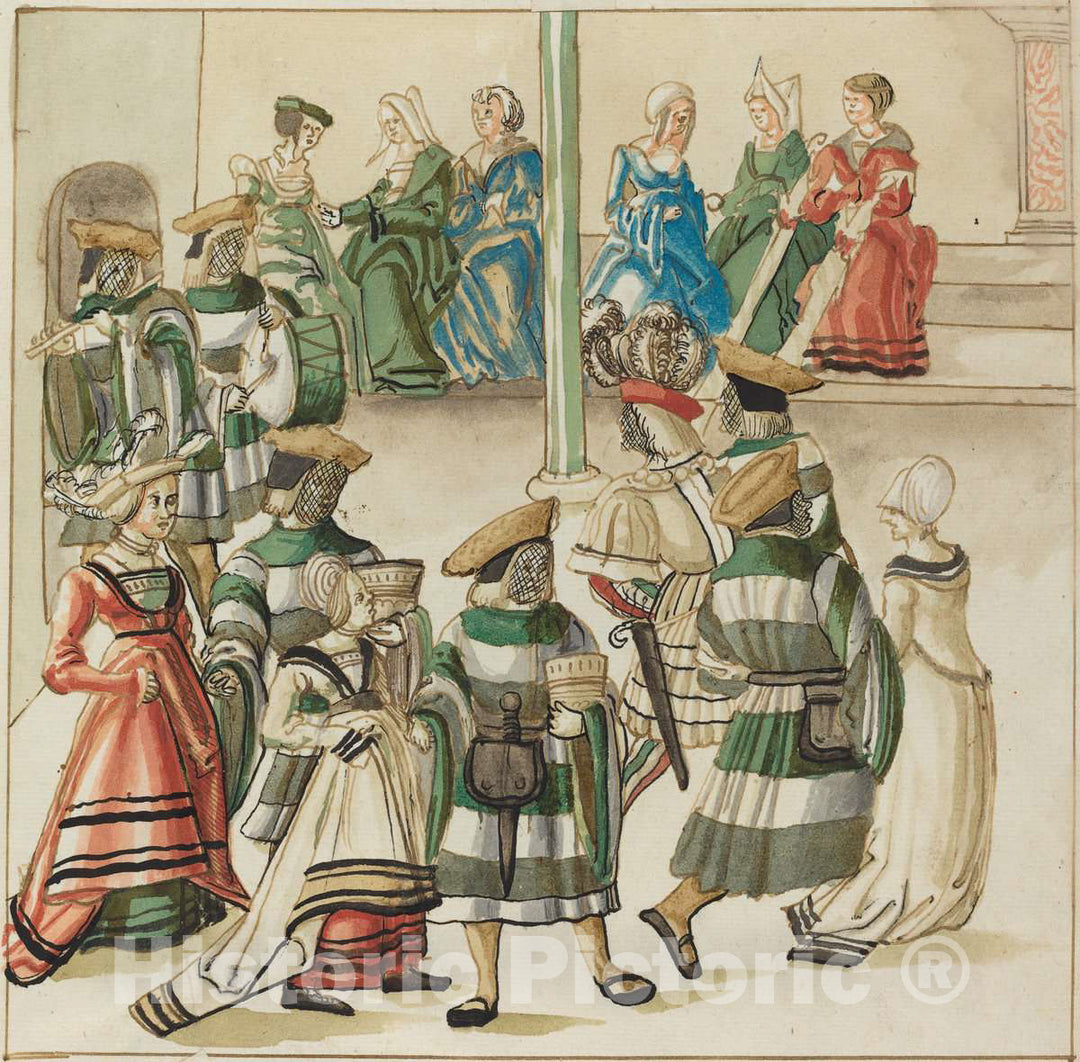 Art Print : Three Dancing Couples Led by Two Knights in Room with Column, c. 1515 - Vintage Wall Art