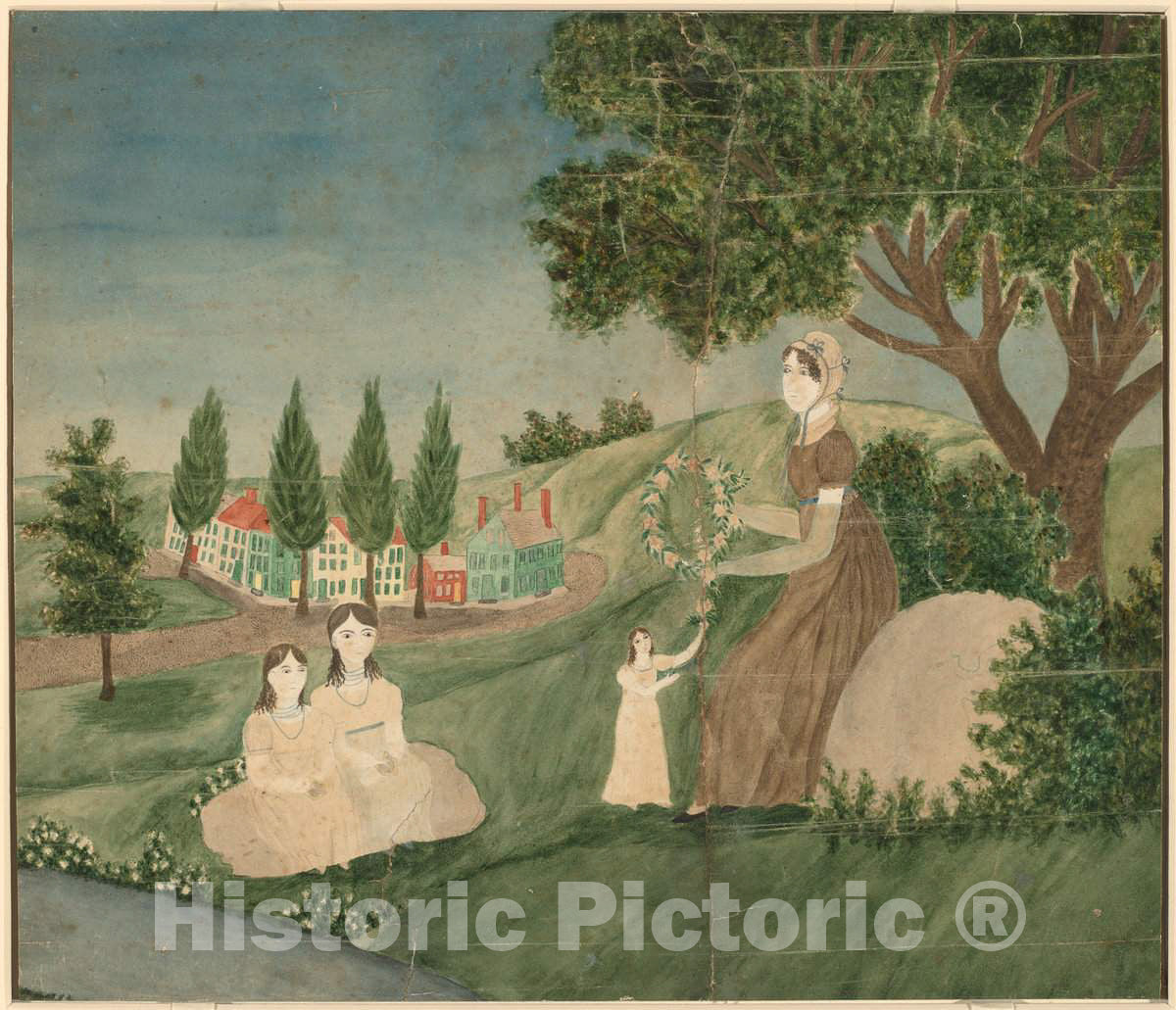 Art Print : Mother and Three Children Making a Floral Wreath, c. 1825 - Vintage Wall Art