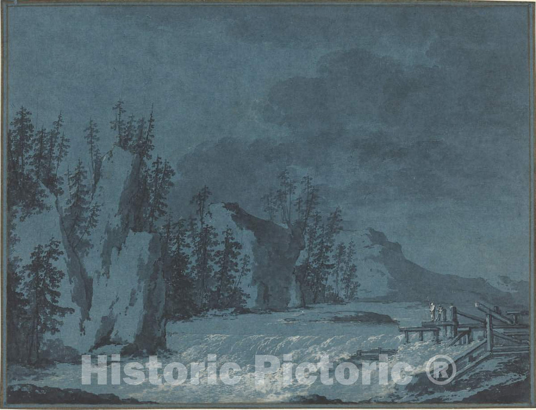 Art Print : Claude-Louis ChÃ¢telet, River Rapids by Wooded Cliffs, c. 1780 - Vintage Wall Art