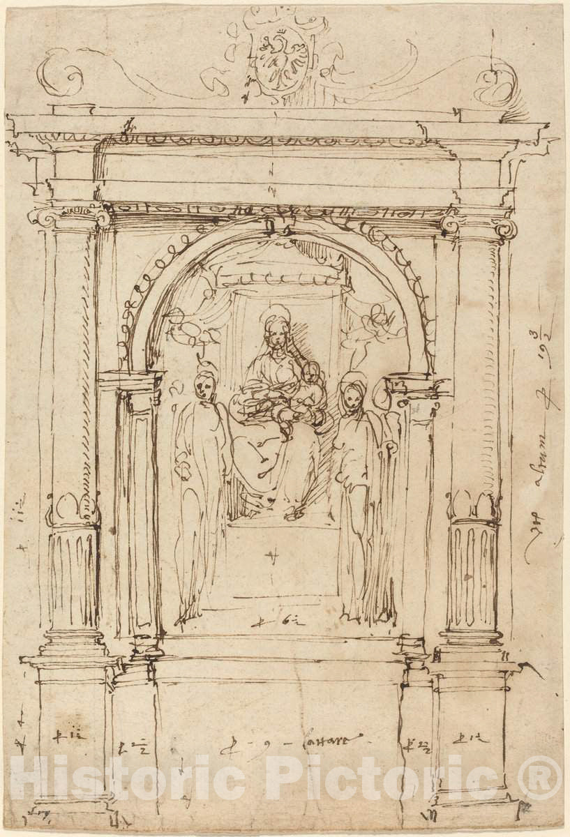 Art Print : Perino del Vaga, Altarpiece of The Madonna and Child with Saints, in Its Architectural Setting, c.1533 - Vintage Wall Art