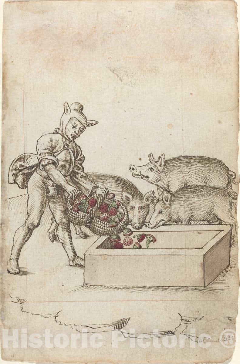 Art Print : A Fool Feeding Flowers to Swine [FOL. 42 Recto], c.1514 - Vintage Wall Art