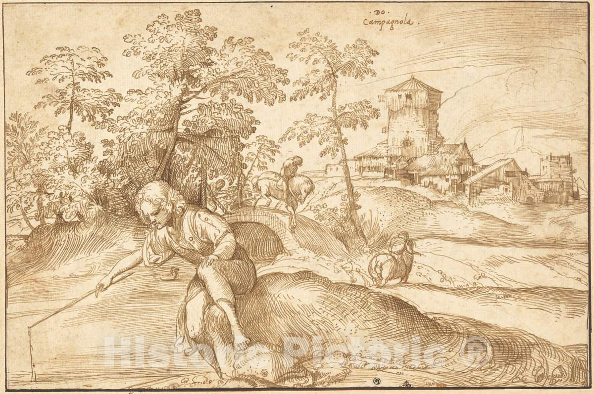 Art Print : Domenico Campagnola, Landscape with a Boy Fishing, c. 1516 - Vintage Wall Art