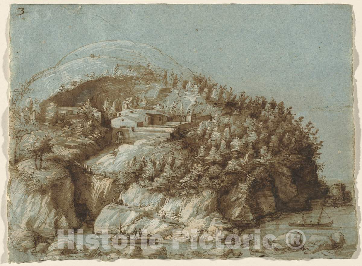 Art Print : Gherardo Cibo, Hilly Landscape with Ships, c. 1570 - Vintage Wall Art