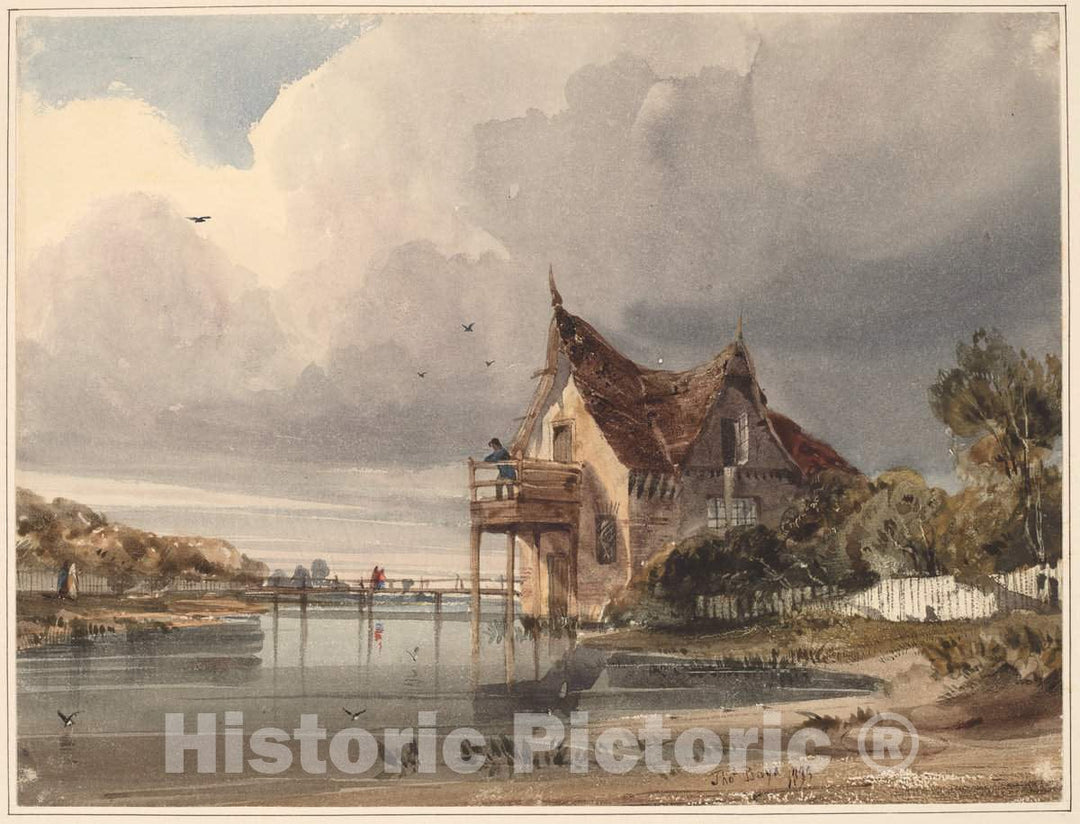 Art Print : Thomas Shotter Boys, A River and Cottage with White Paling, 1833 - Vintage Wall Art