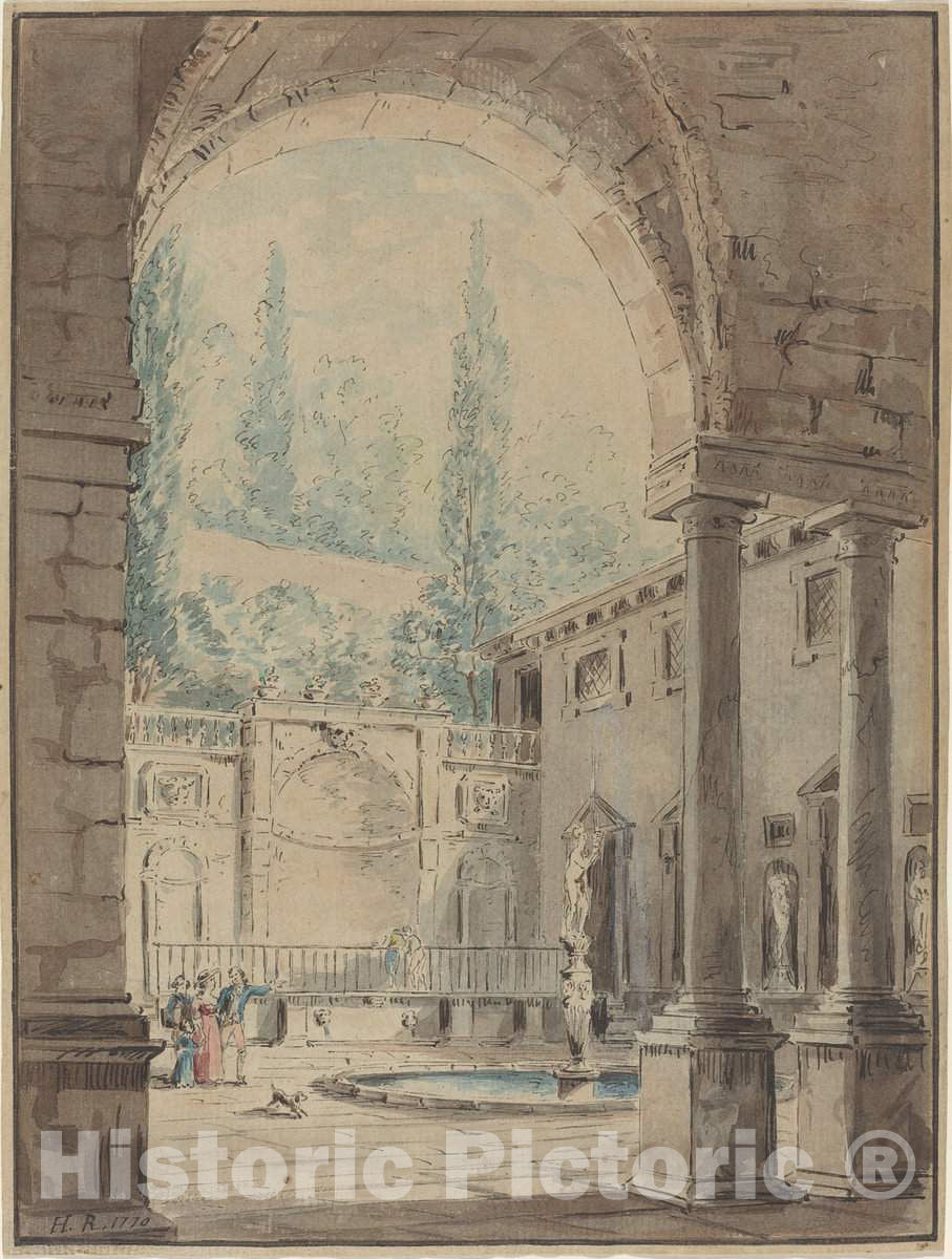 Art Print : Hubert Robert, Courtyard of The Villa Pliniana - Vintage Wall Art