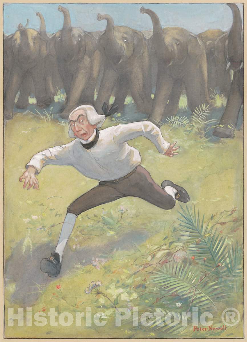 Art Print : Peter Newell, Man Running from Elephants, 1901 - Vintage Wall Art