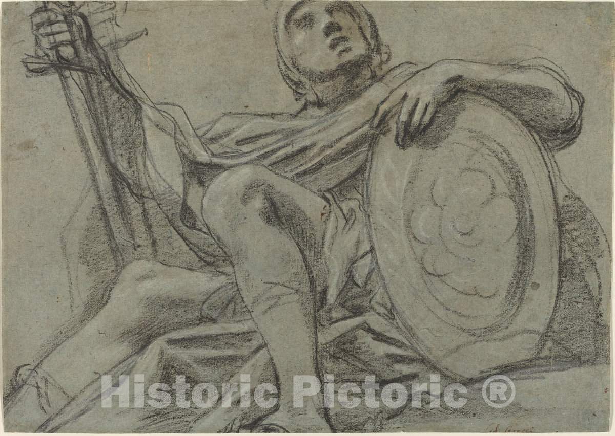 Art Print : Giacomo Cavedone, Seated Warrior Holding a Sword and Shield [Recto], c. 1612 - Vintage Wall Art