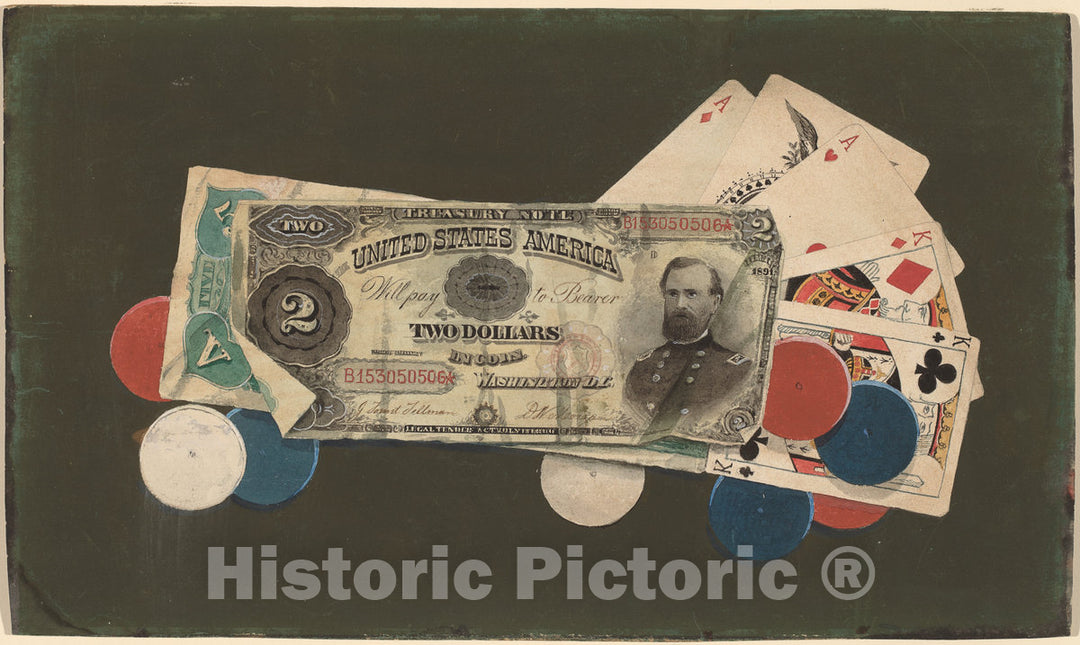 Art Print : Trompe L'Oeil: A Full House with Chips, 2 and $5 Bills, c. 1895 - Vintage Wall Art