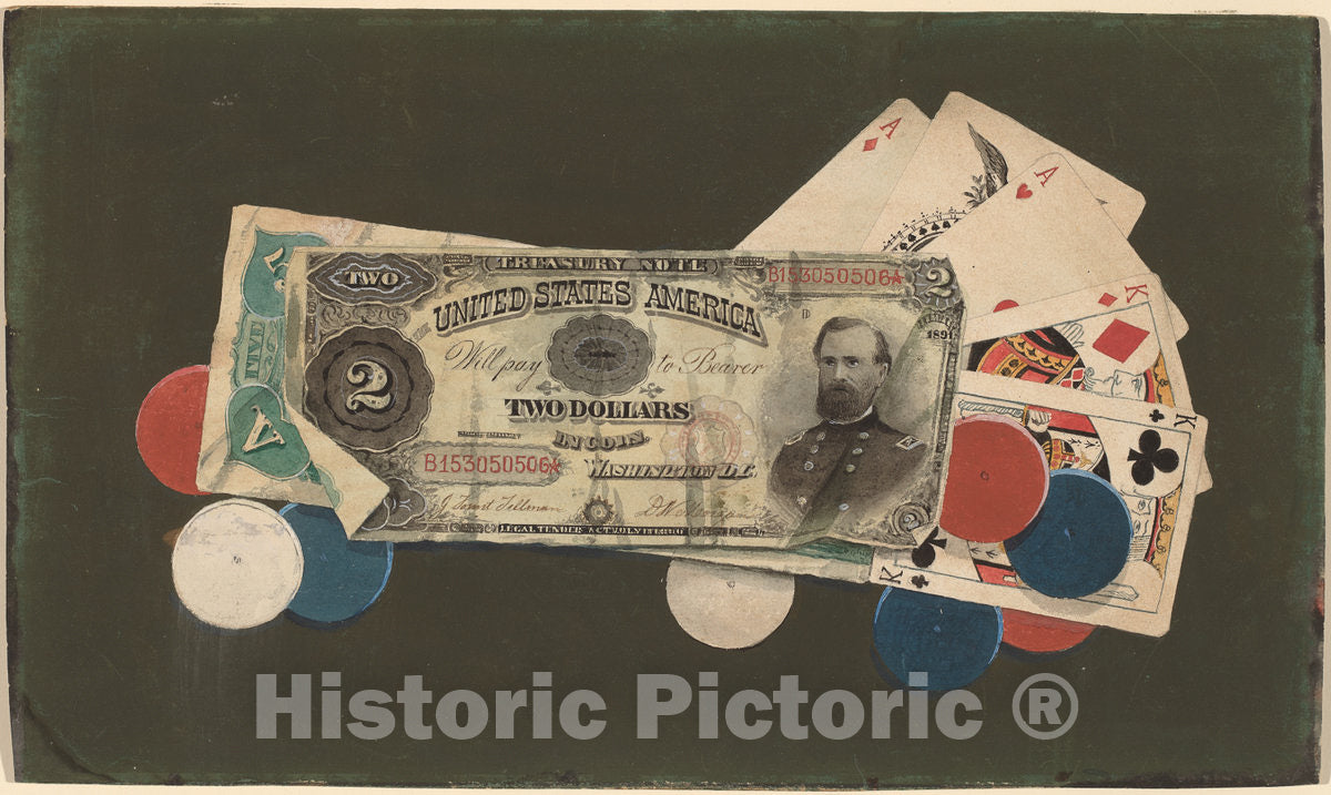 Art Print : Trompe L'Oeil: A Full House with Chips, 2 and $5 Bills, c. 1895 - Vintage Wall Art