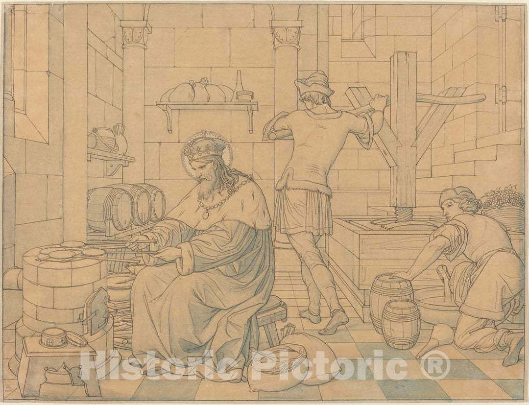 Art Print : Edward Jakob von Steinle, Saint Wenzel Cooking Hosts as Two Youths Press Wine, 1866 - Vintage Wall Art