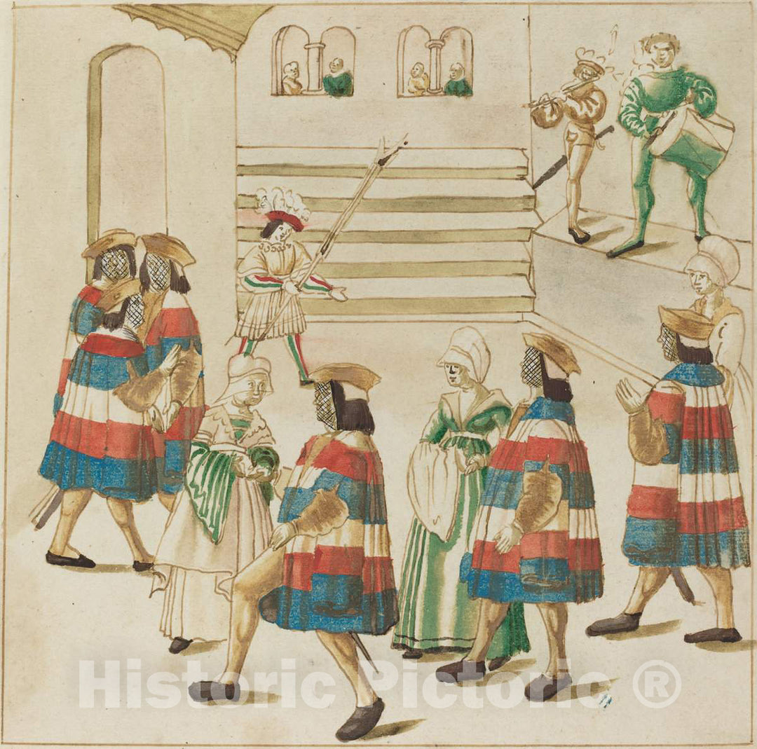 Art Print : Men in Red, White and Blue Dancing with Their Partners, c. 1515 - Vintage Wall Art