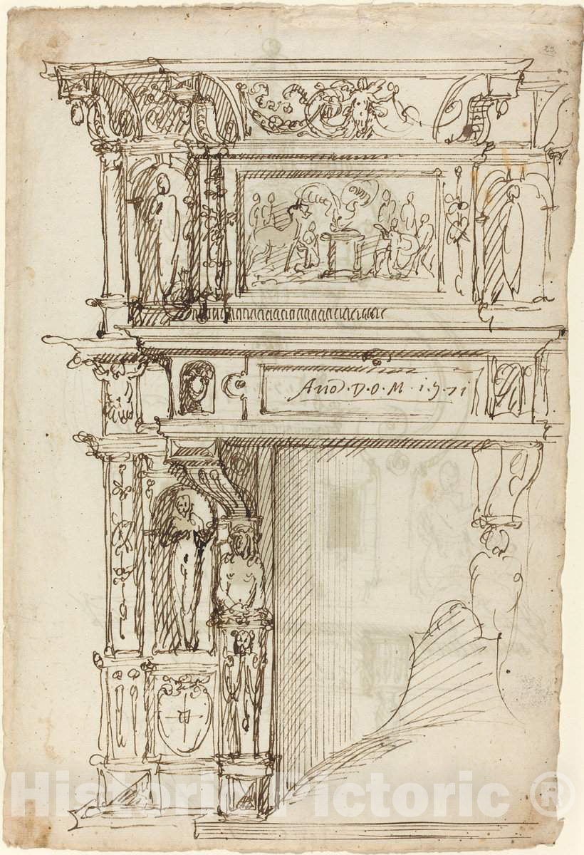 Art Print : Palatial Mantelpiece with a Scene of Ancient Sacrifice [Recto], 1571 - Vintage Wall Art