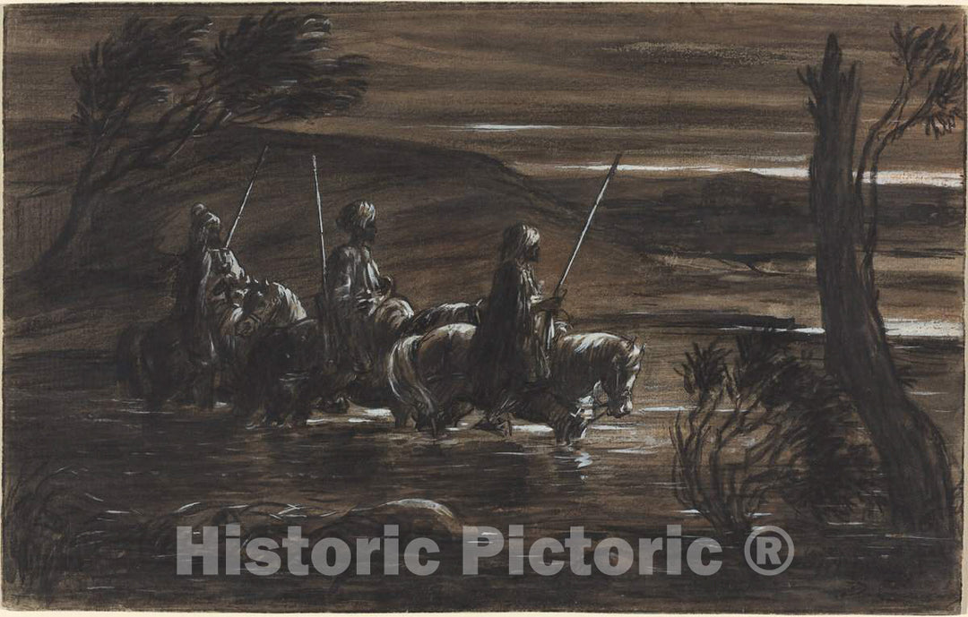 Art Print : Alexandre-Gabriel Decamps, Three Arab Horsemen Crossing a River, c. 1835 - Vintage Wall Art