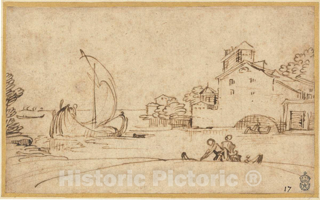 Art Print : Annibale Carracci, Landscape with Figures by an Estuary with Sailing Boats, c.1593 - Vintage Wall Art