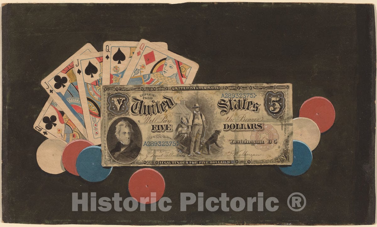 Art Print : Trompe L'Oeil: A Full House with Chips and a $5 Bill, c. 1895 - Vintage Wall Art