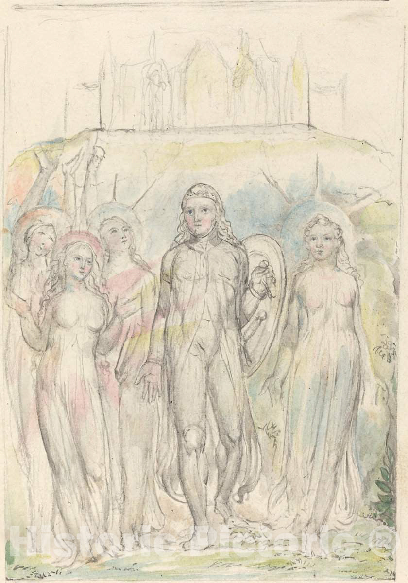 Art Print : William Blake, Christian with The Shield of Faith, Taking Leave of His Companions, 1824-1827 - Vintage Wall Art