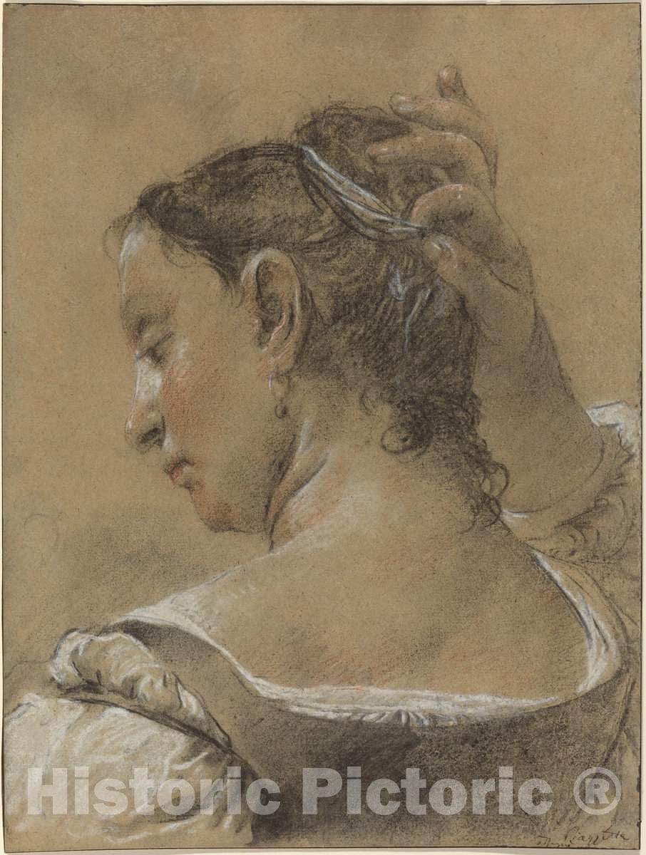 Art Print : Domenico Maggiotto, A Young Woman Fixing Her Hair, c. 1745 - Vintage Wall Art