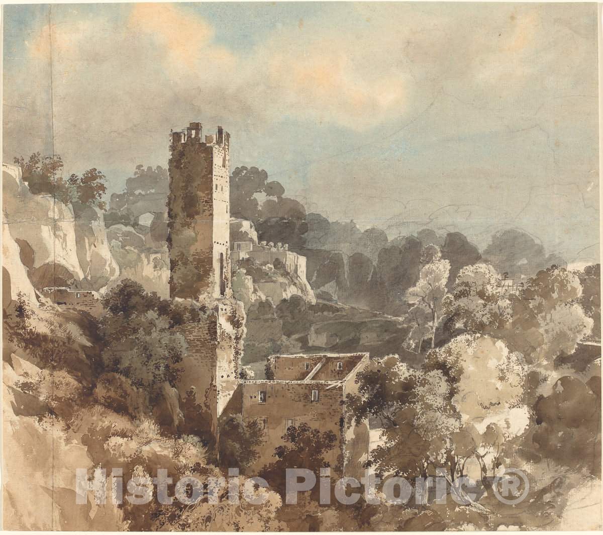 Art Print : Friedrich SalathÃ©, Ruins of a Fortified Tower Among Wooded Hills, c.1819 - Vintage Wall Art