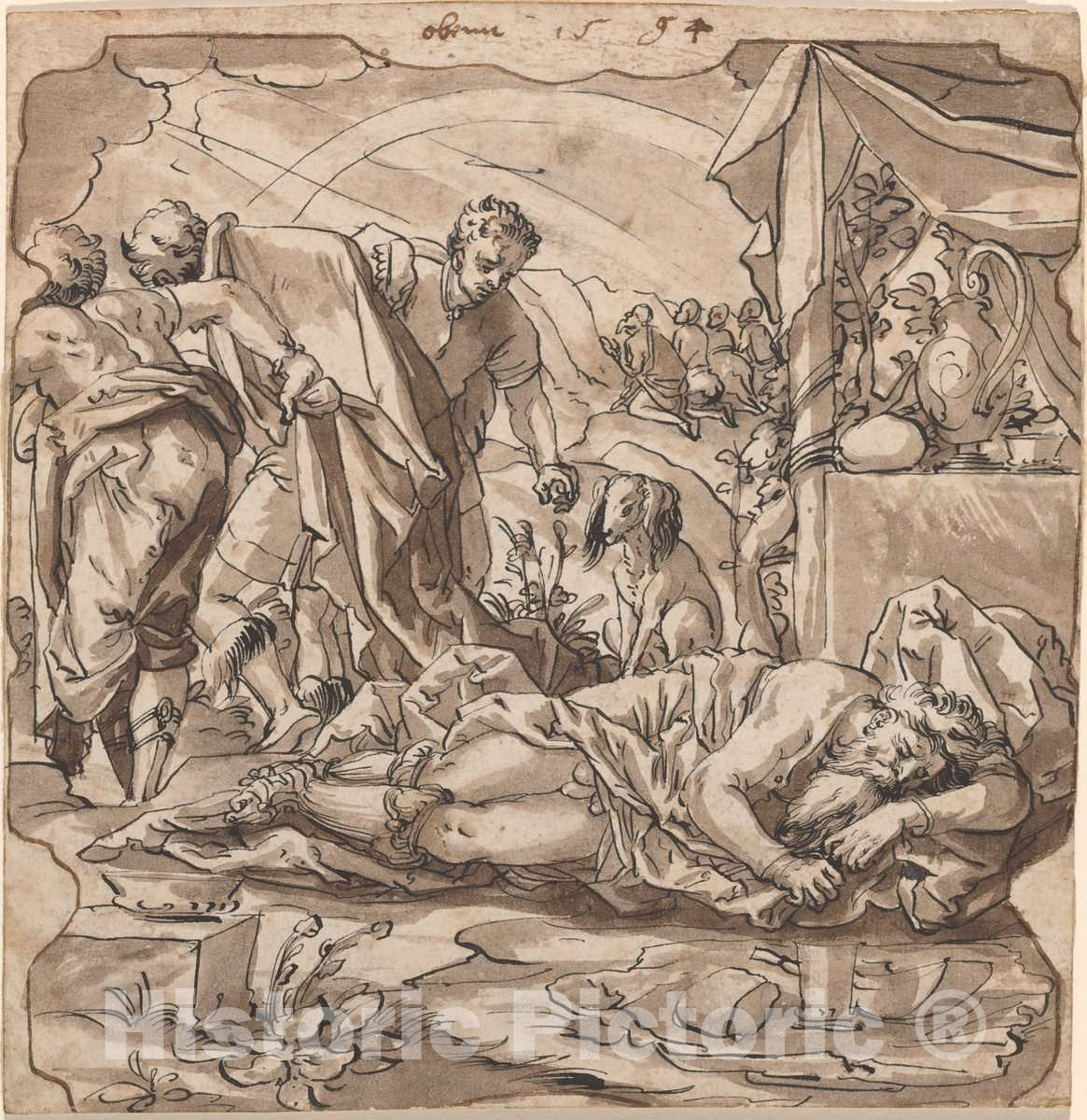 Art Print : KÃ¼bler After Stimmer, The Drunkenness of Noah, c.1583 - Vintage Wall Art