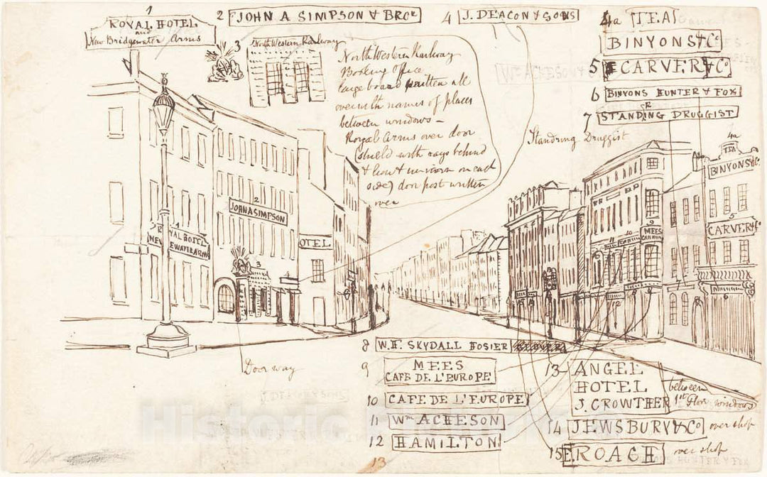 Art Print : George Cruikshank, Street Perspective with Places of Business Labeled - Vintage Wall Art