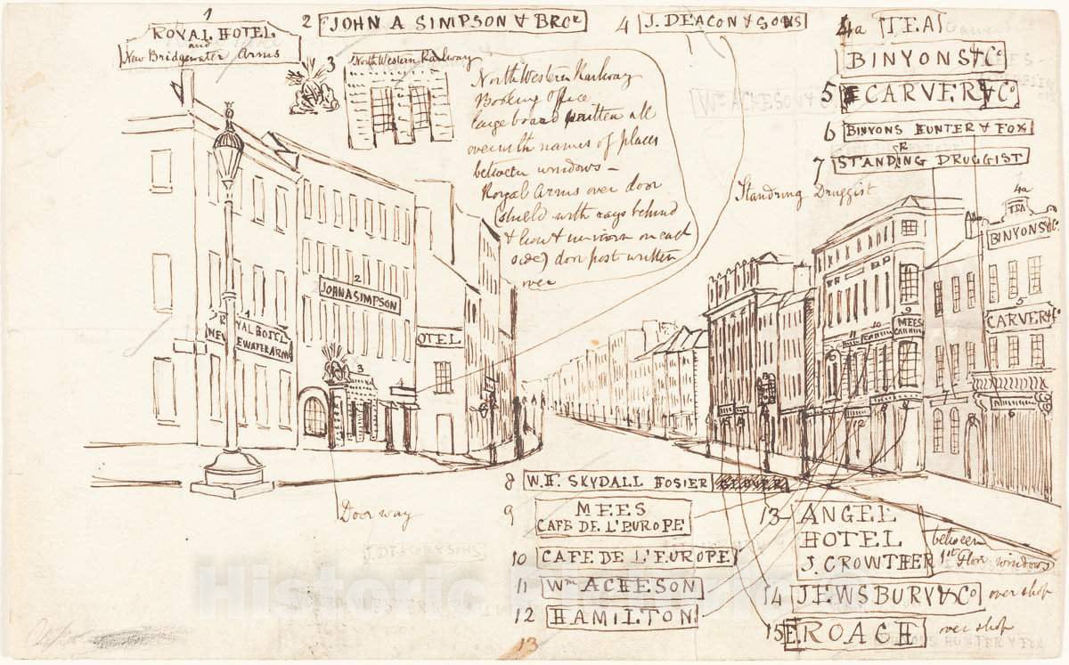 Art Print : George Cruikshank, Street Perspective with Places of Business Labeled - Vintage Wall Art