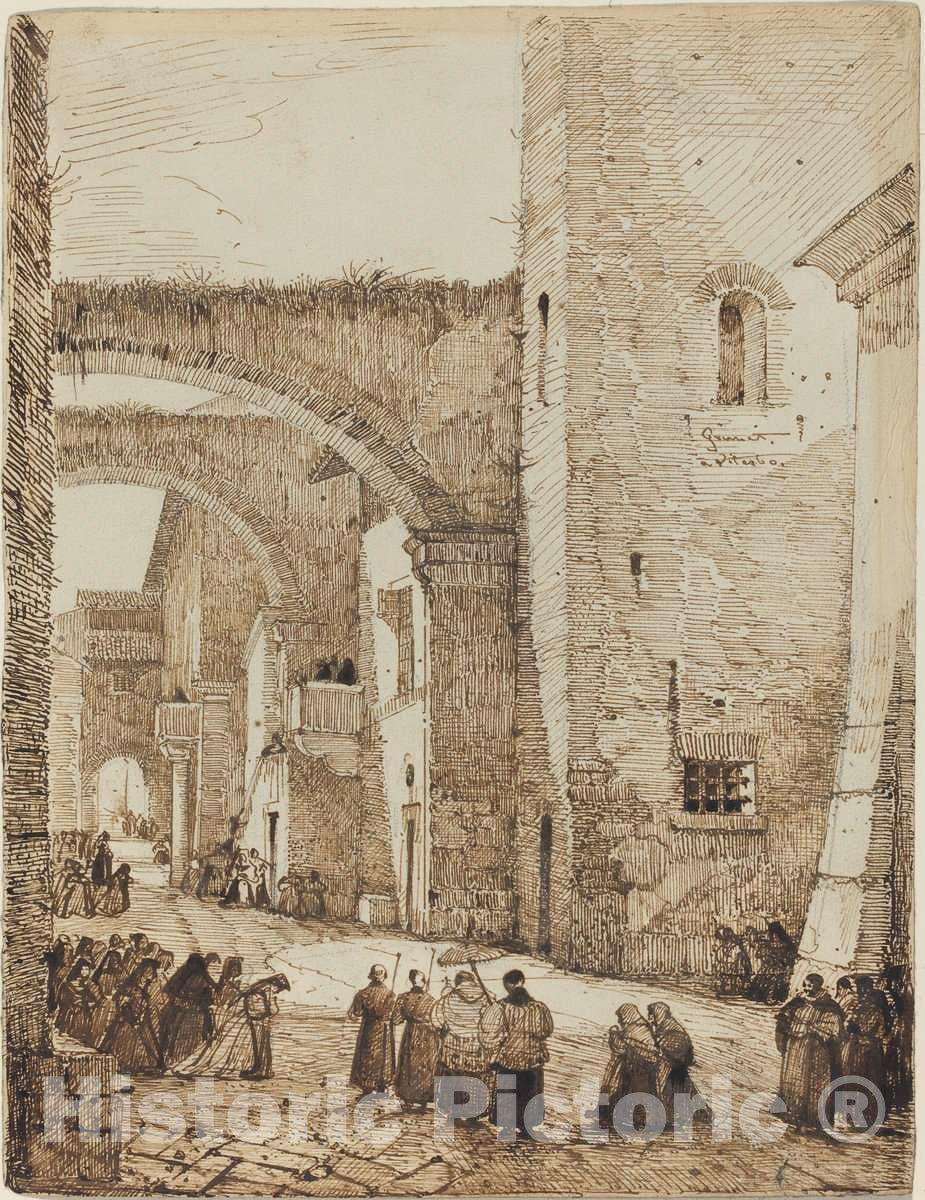 Art Print : FranÃ§ois-Marius Granet, A Priest Processing Through a Medieval Street in Viterbo - Vintage Wall Art