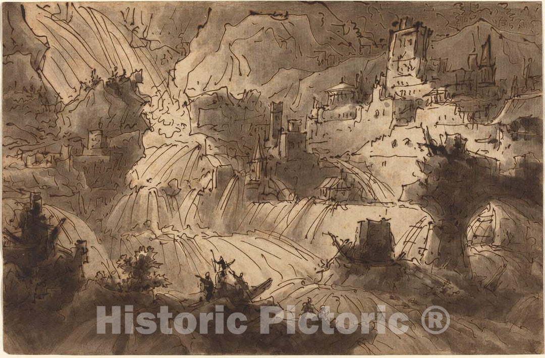 Art Print : Antonio Basoli, Mountain Torrents Flooding a City, Before 1839 - Vintage Wall Art