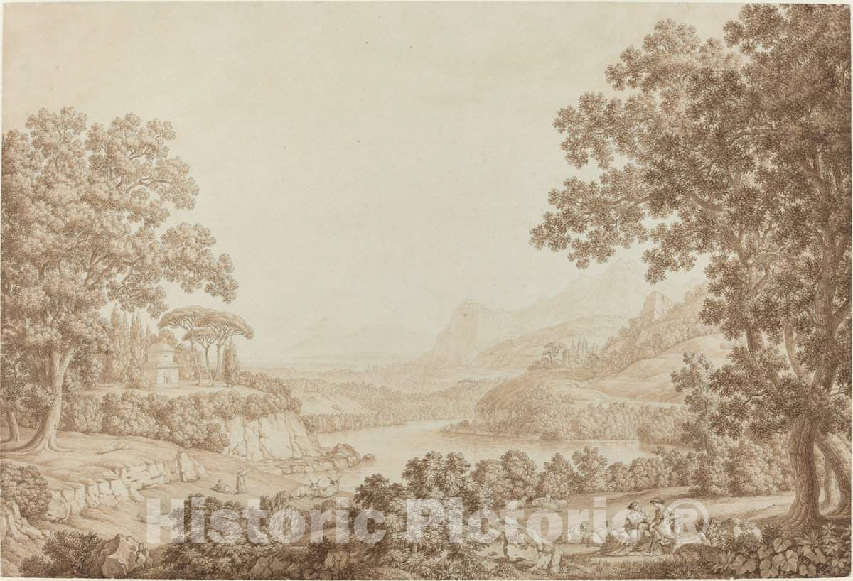 Art Print : Christoph Heinrich Kniep, Arcadian Landscape with a Mausoleum, 1790s - Vintage Wall Art