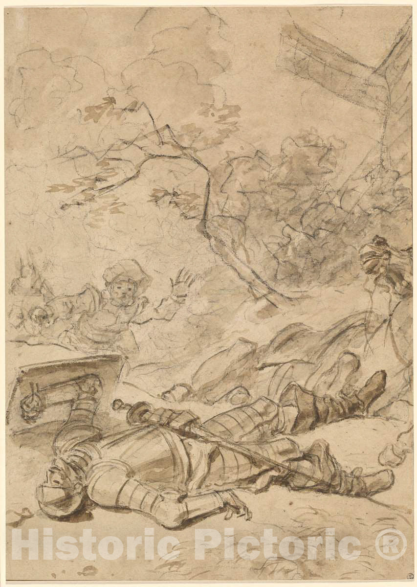 Art Print : HonorÃ© Fragonard, Don Quixote Defeated by The Windmill, 1780s - Vintage Wall Art