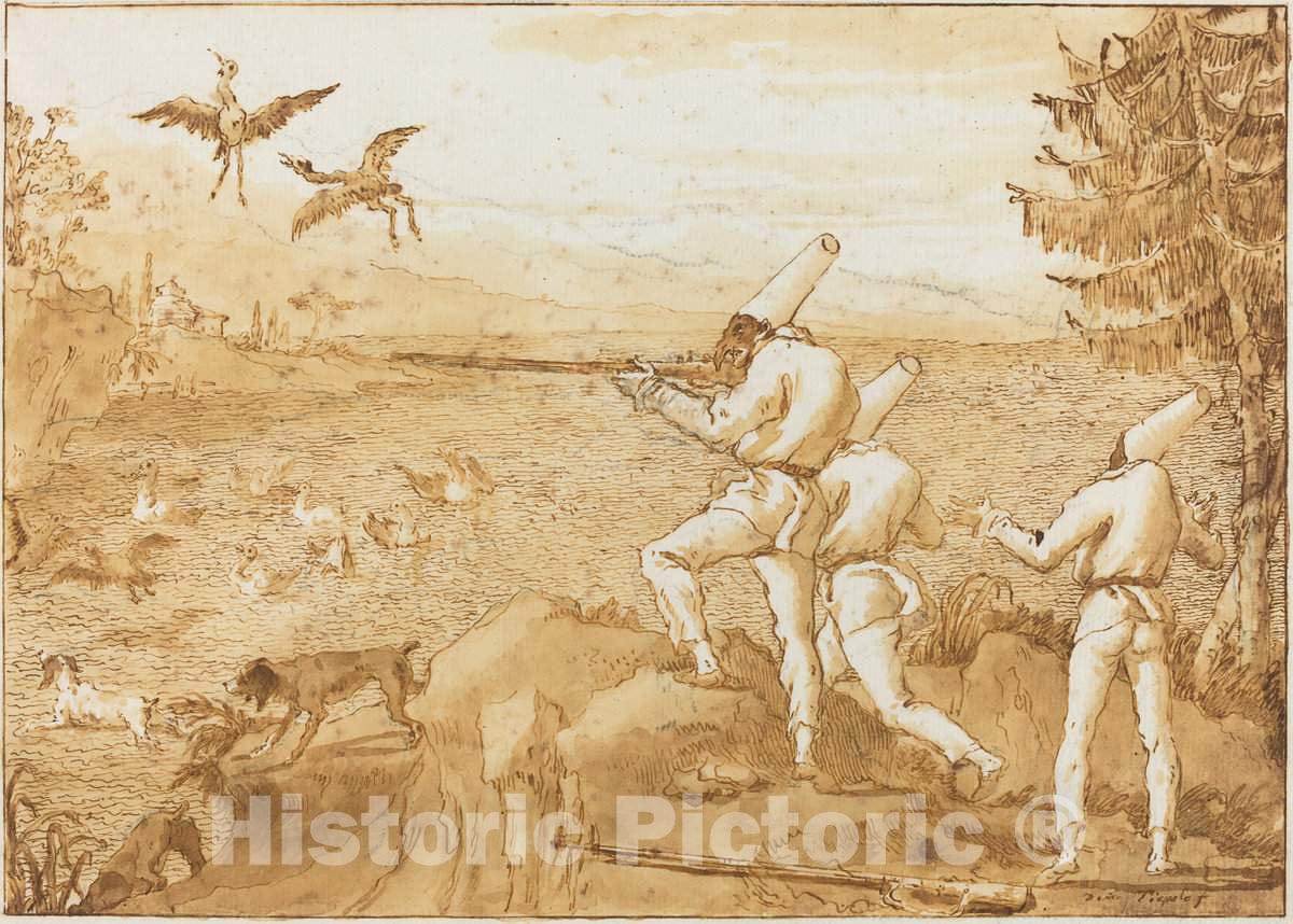 Art Print : Giovanni Domenico Tiepolo, Punchinellos Hunting Waterfowl, c. 1800 - Vintage Wall Art