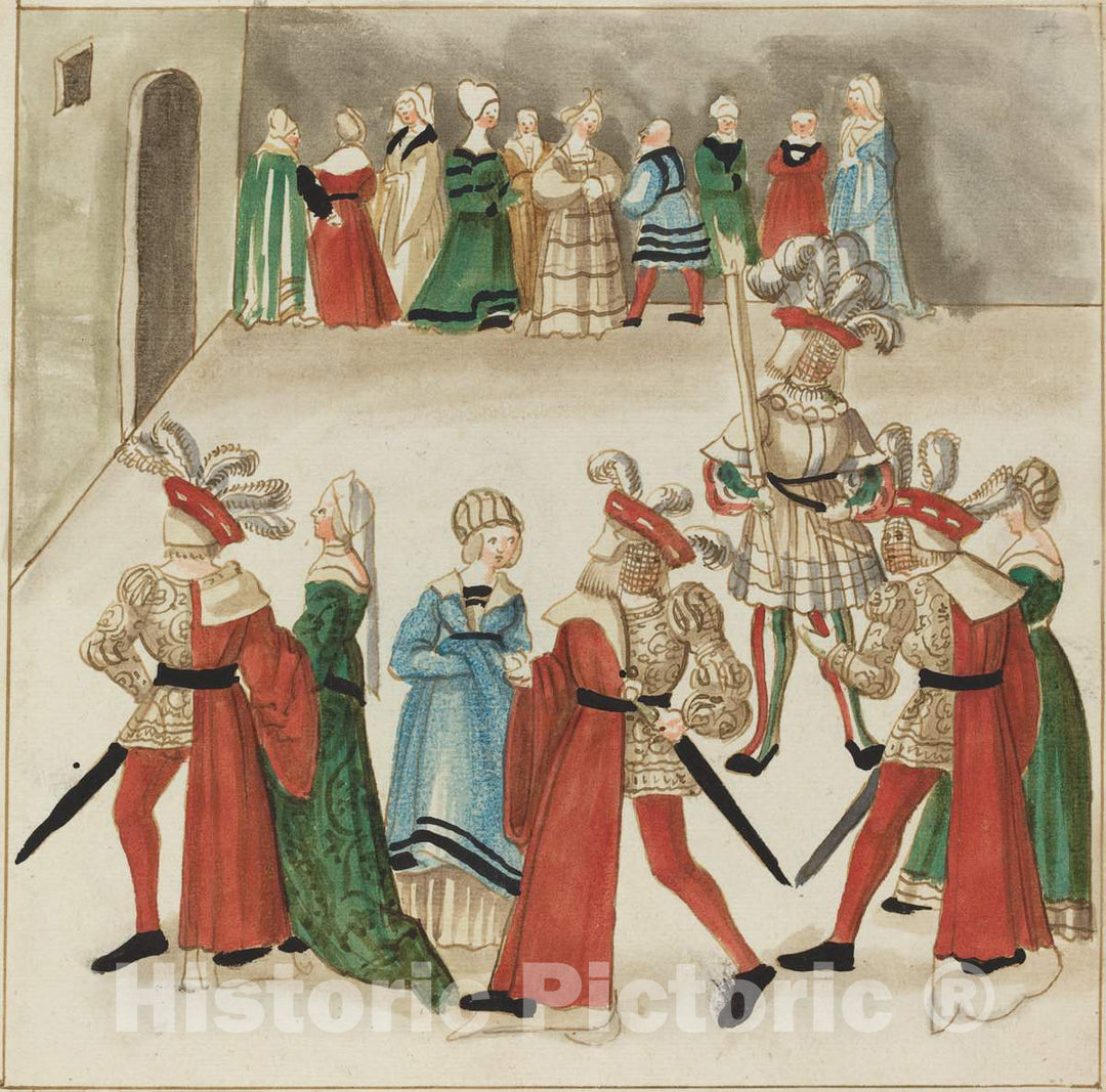 Art Print : Three Men in Red Capes Dancing with Their Partners, c. 1515 - Vintage Wall Art