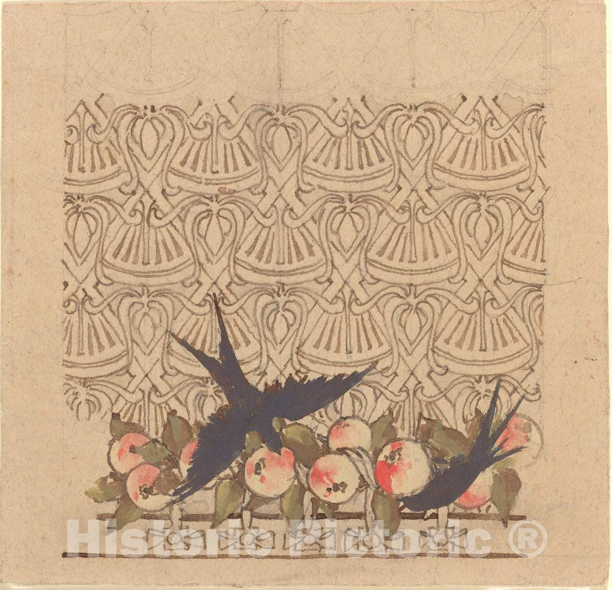 Art Print : Karel Vitezslav Masek, Ornamental Design with Two Birds Pecking at Fruit, c.1890s - Vintage Wall Art