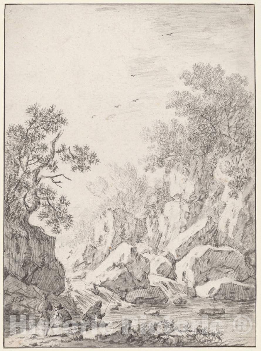 Art Print : Johann Christoph Dietzsch, A Waterfall by Rock Cliffs, 1750s(?) - Vintage Wall Art