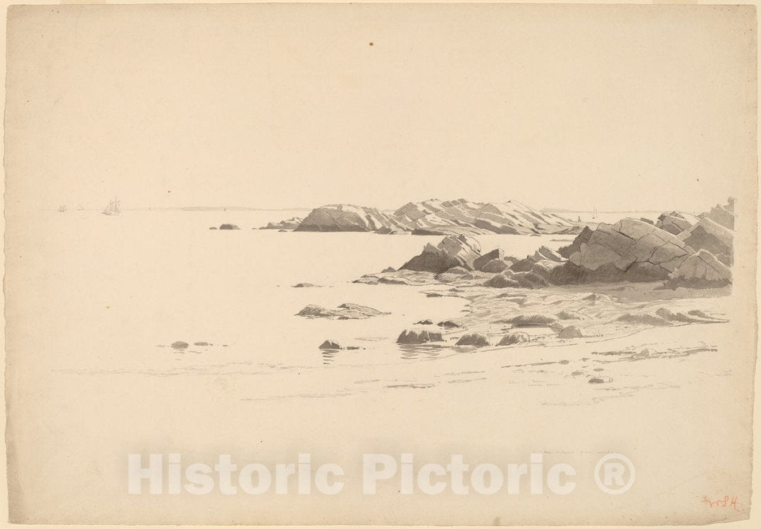 Art Print : Haseltine, Rocklined Beach with Distant Boats, c.1865 - Vintage Wall Art