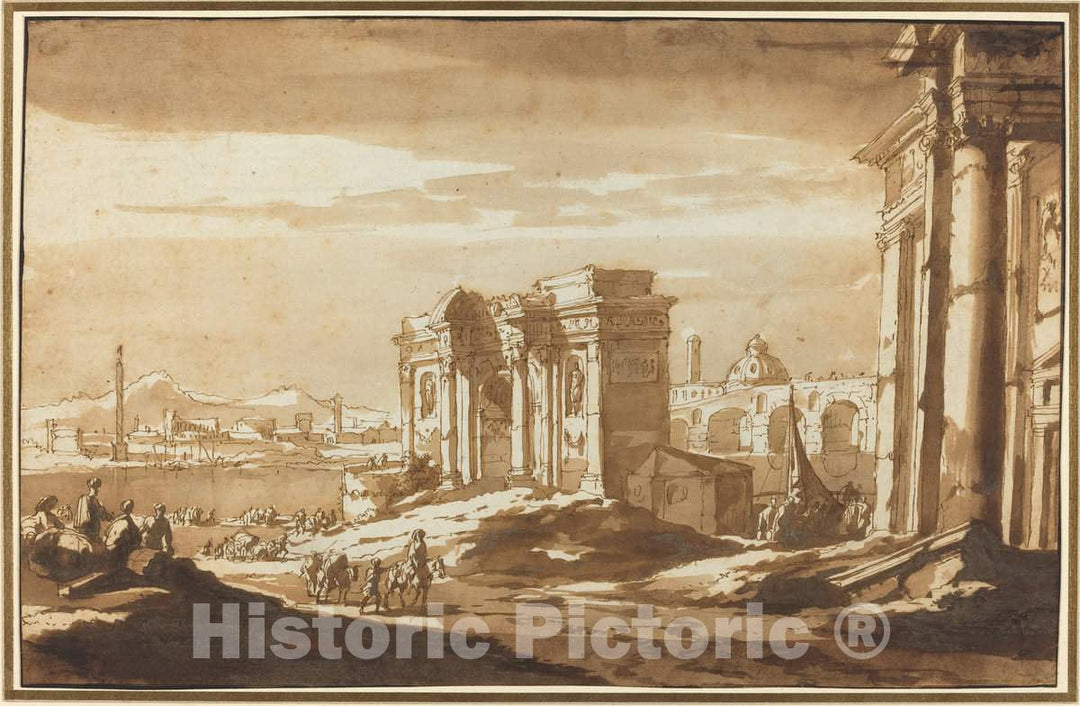 Art Print : Jacob Van der Ulft, A Capriccio View of Roman Ruins Along The Tiber - Vintage Wall Art