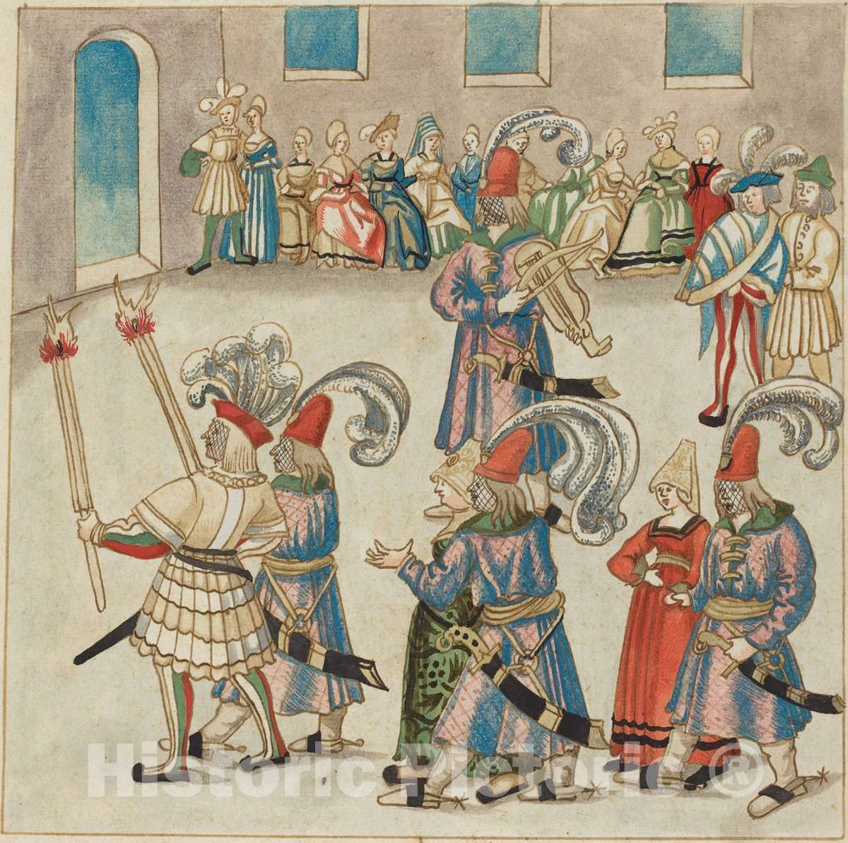 Art Print : Two Dancing Couples Led by Torch-Bearing Knights, c. 1515 - Vintage Wall Art