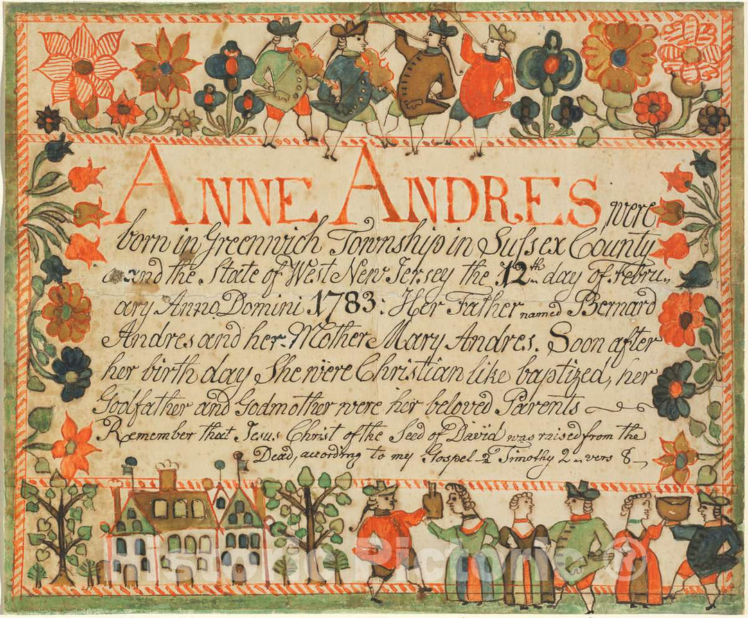 Art Print : John Spangenberg, Birth and Baptismal Certificate of Anne Andres, c. 1783 - Vintage Wall Art