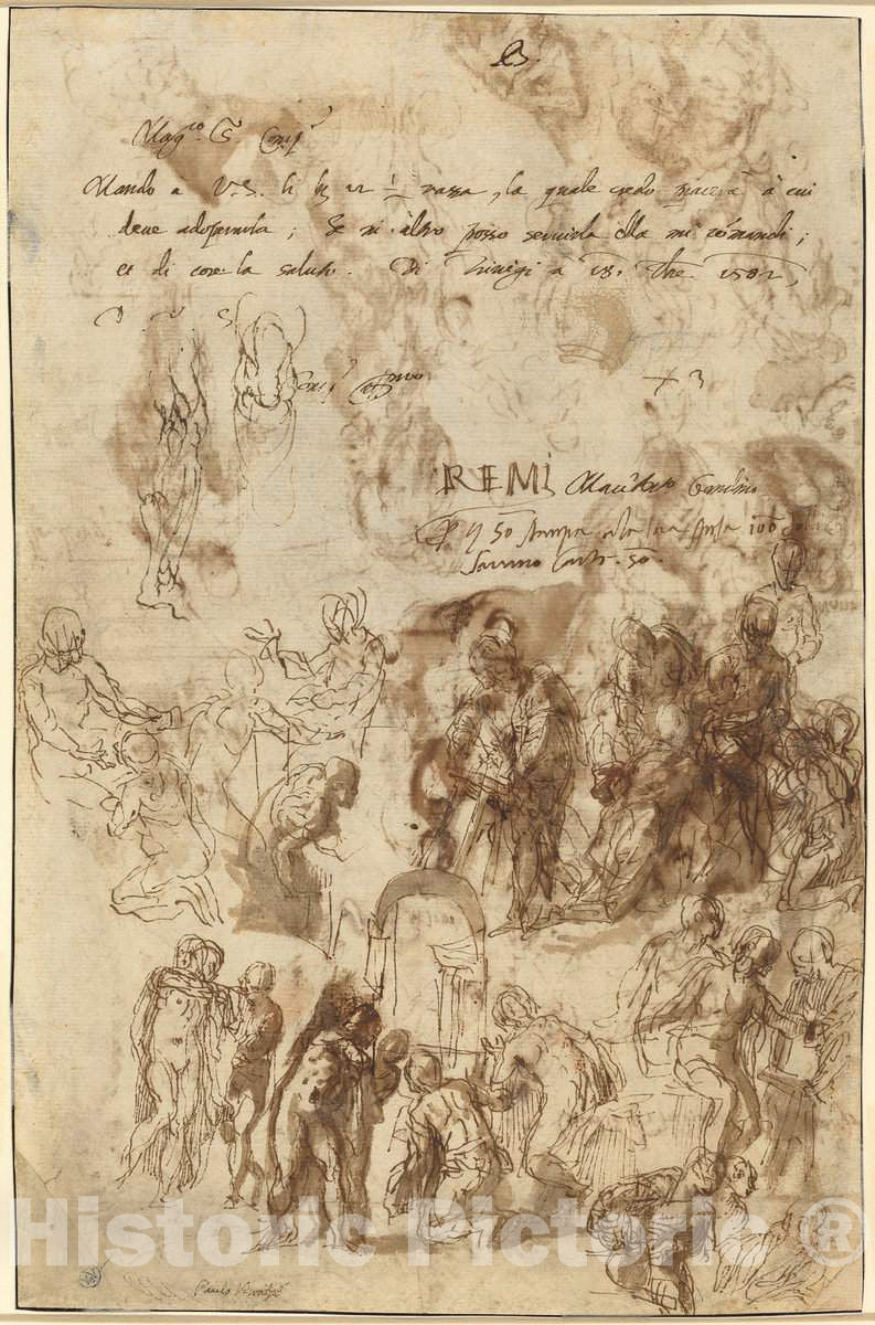 Art Print : Veronese, Studies for The Raising of Lazarus and Other Compositions [Verso], c. 1582 - Vintage Wall Art