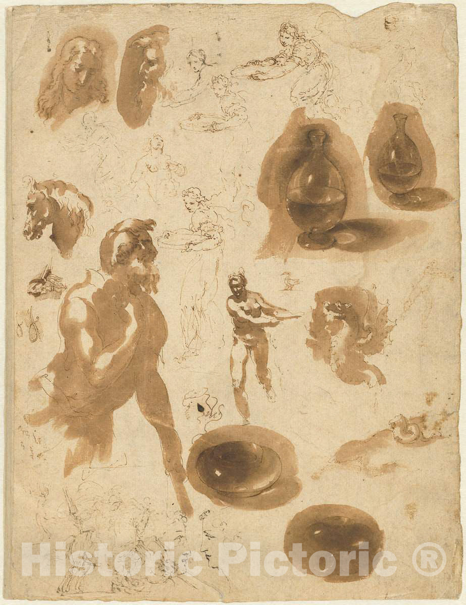 Art Print : Ambrogio Figino, Studies of Glass Jars and Figures (Recto), c. 1586 - Vintage Wall Art