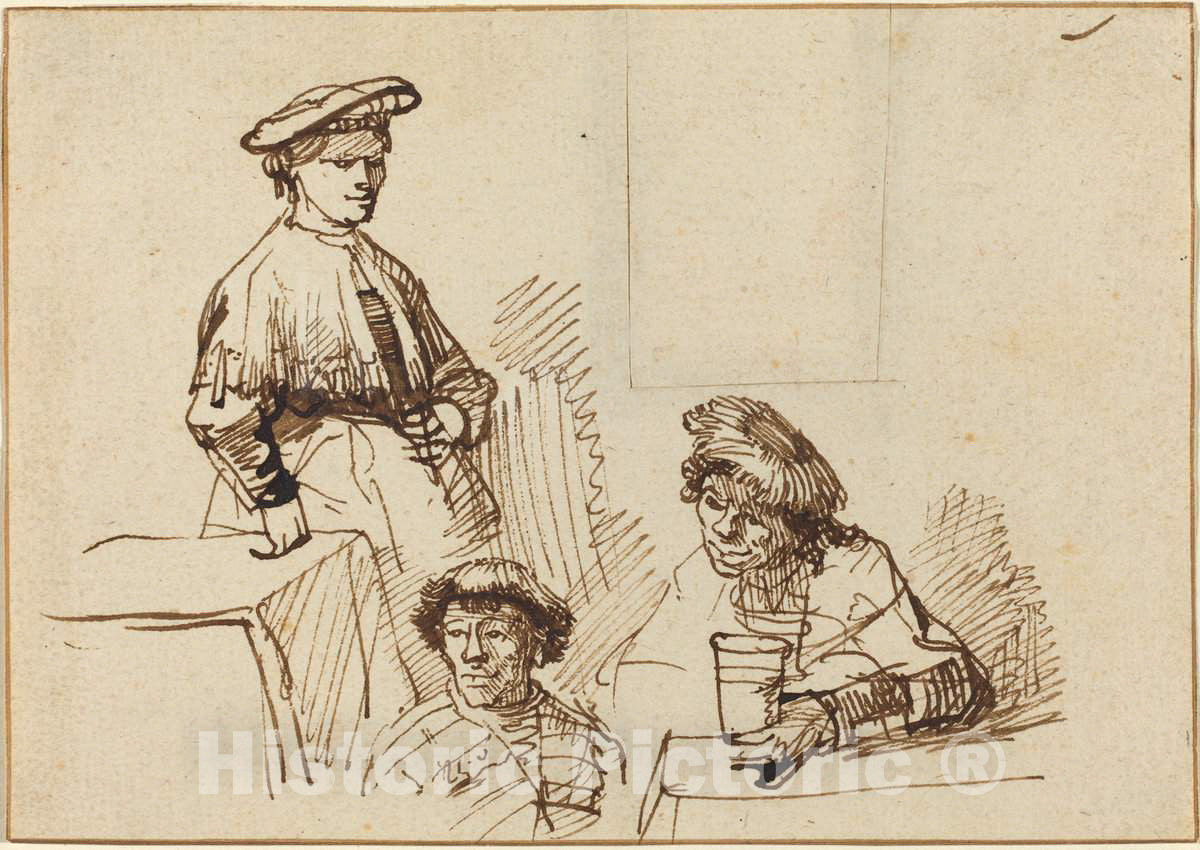 Art Print : Rembrandt, Sketches from a Tavern: Woman Standing and Two Men Seated - Vintage Wall Art