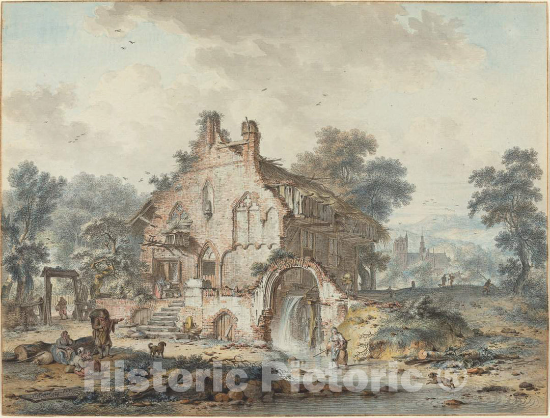 Art Print : Hendrik de Meyer II, Rustic Watermill in a Gothic Ruin, 1778 - Vintage Wall Art