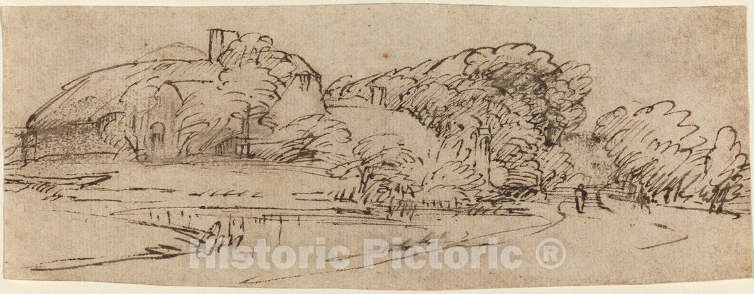 Art Print : Rembrandt, A Landscape with Farm Buildings Among Trees, c.1653 - Vintage Wall Art