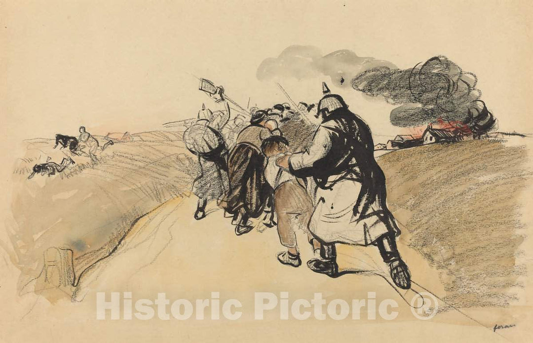 Art Print : Louis Forain, German Raid on a Village, c.1917 - Vintage Wall Art