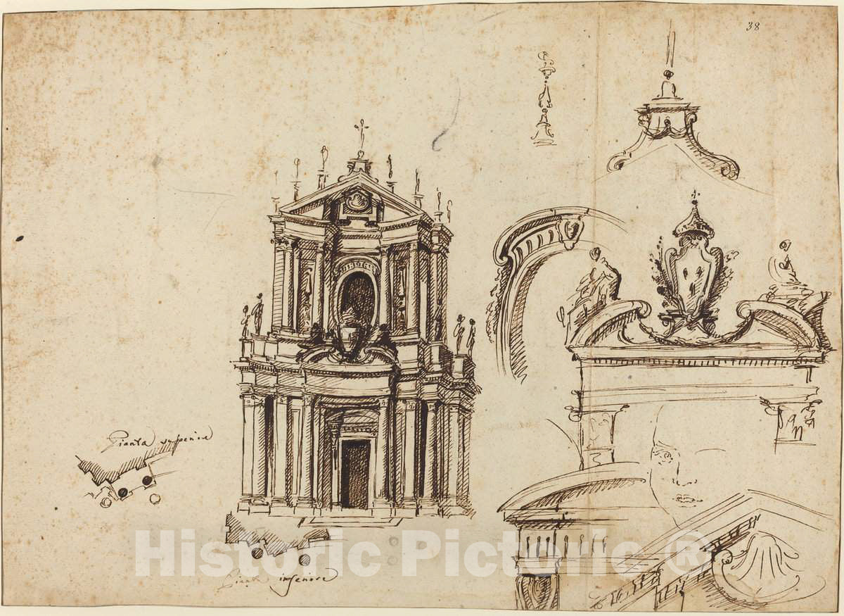 Art Print : Filippo Juvarra, Studies for The FaÃ§ade of Santa Cristina [Recto], c. 1715 - Vintage Wall Art