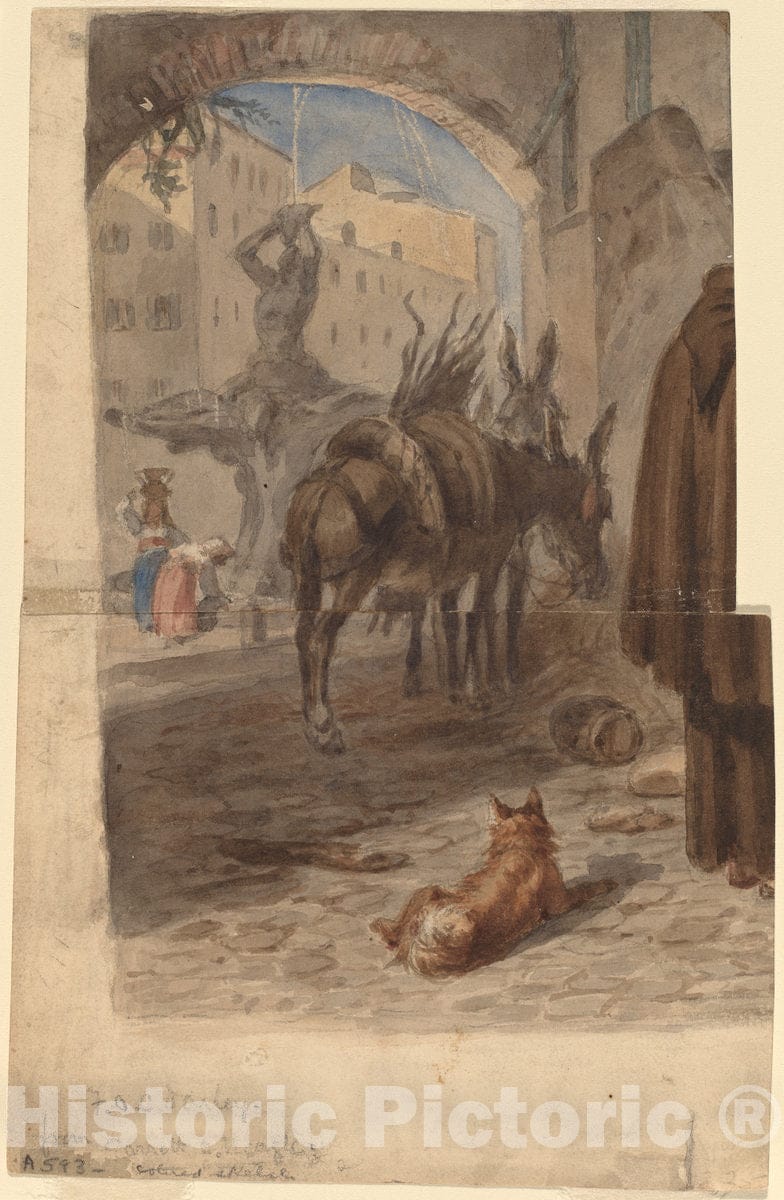 Art Print : Felix Octavius Carr Darley, Bernini Fountain, Rome [Recto], c. 1867 - Vintage Wall Art