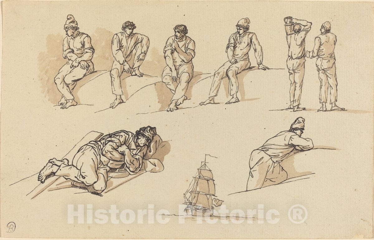 Art Print : Claude-Joseph Vernet, Eight Studies of Figures and a Ship at Sea - Vintage Wall Art